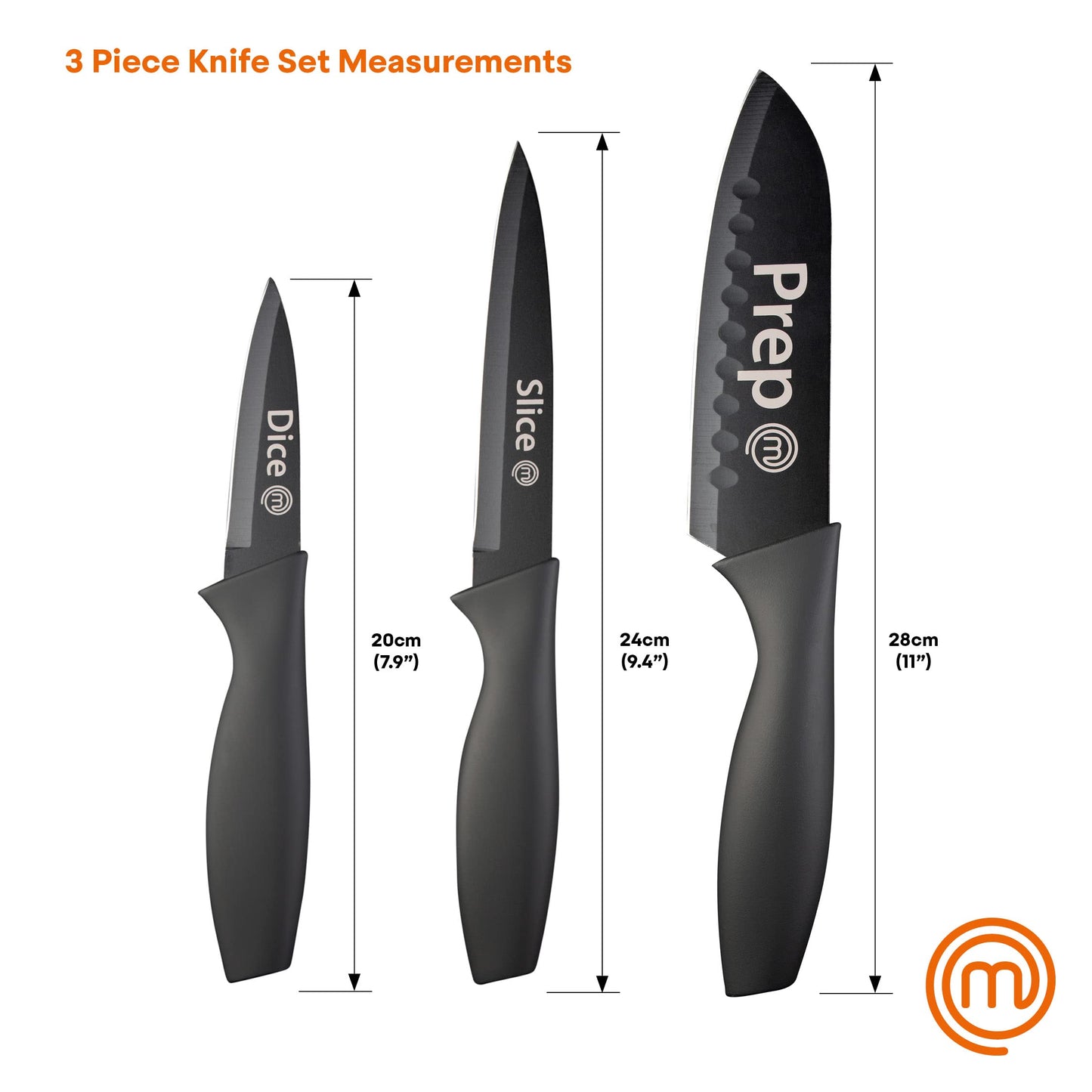 MasterChef Knife Set of 3 For Kitchen (Chef, Paring & Utility) Professional, Extra Sharp, Stainless Steel Blades With Non Stick Coating & Soft Touch Grip, Essential Collection 3 Piece, Black Black (With Captions) Single