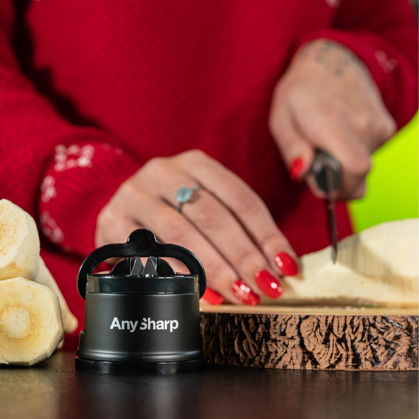 AnySharp Knife Sharpener, Hands-Free Safety, PowerGrip Suction, Safely Sharpens All Kitchen Knives, Ideal for Hardened Steel & Serrated, World's Best, Compact, One Size, Black Classic