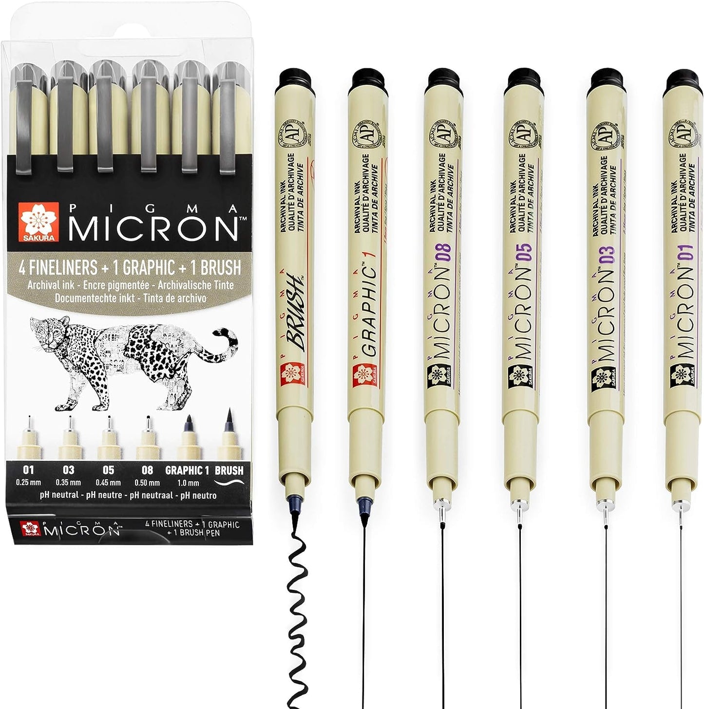 SAKURA Pigma Micron - Fineliner Pigment Pens - 01/03/05/08/Graphic/Brush - Pack of 6 - Black Ink