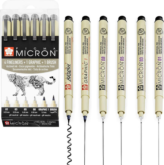 SAKURA Pigma Micron - Fineliner Pigment Pens - 01/03/05/08/Graphic/Brush - Pack of 6 - Black Ink