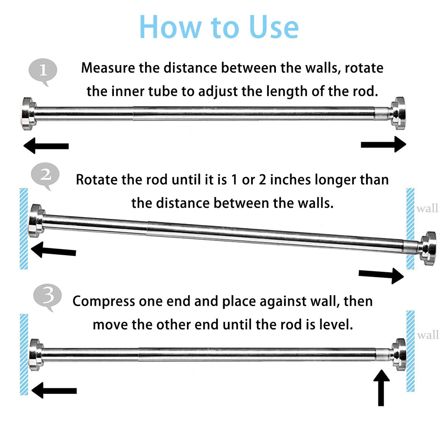 KZGRIT Shower Curtain Rod, Stainless Steel, No Drilling & Rust, Anti-Slip, Adjustable Tension Spring Pole, Extendable Telescopic Rail for Closet, Bathroom, Windows or Doorways(155-260cm) 155-260cm