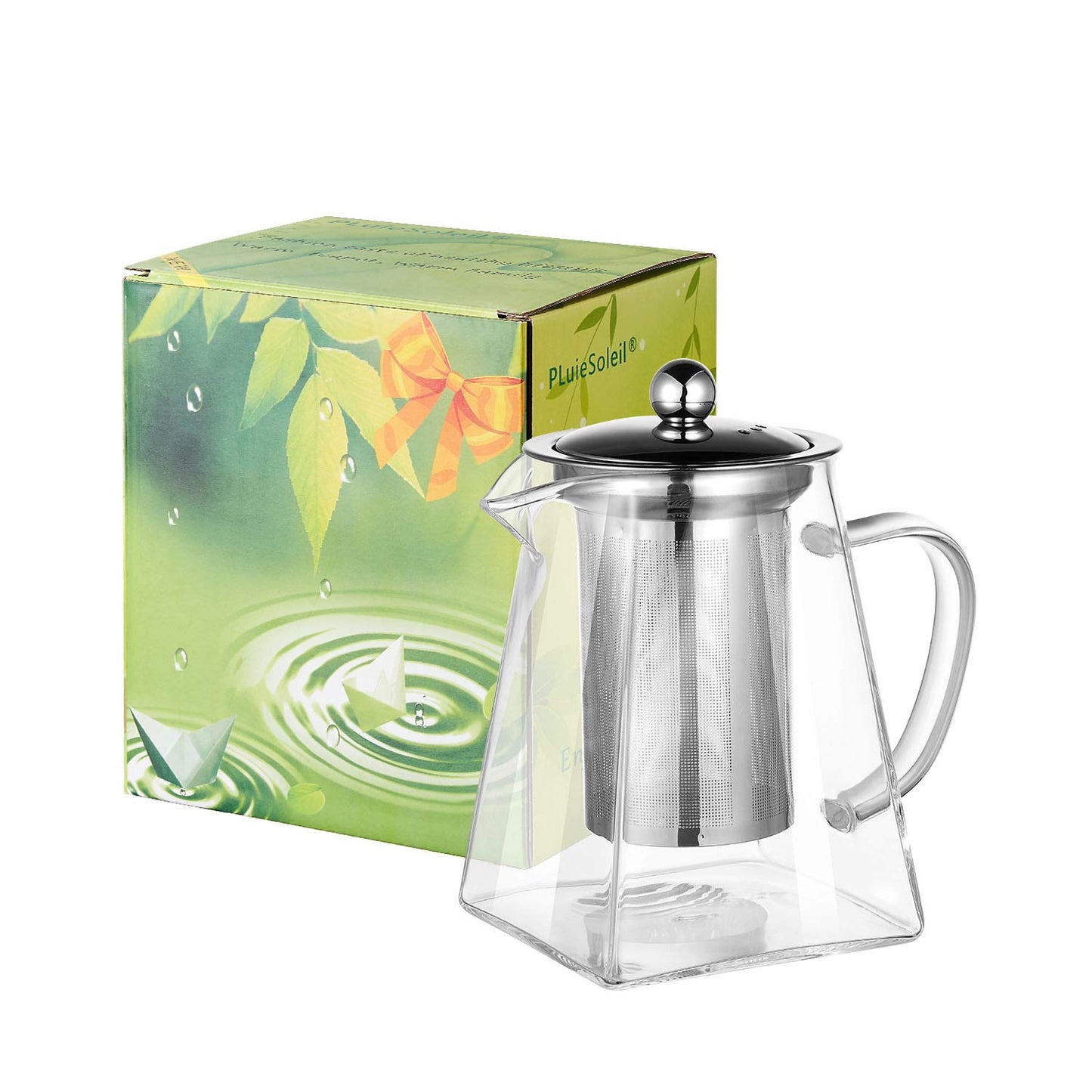 Pluiesoleil 500ML Borosilicate Glass Teapot, Loose Leaf Teapots with Infuser, Square Tea Pot with Strainer, Stovetop Microwave Safe Teapot for 2