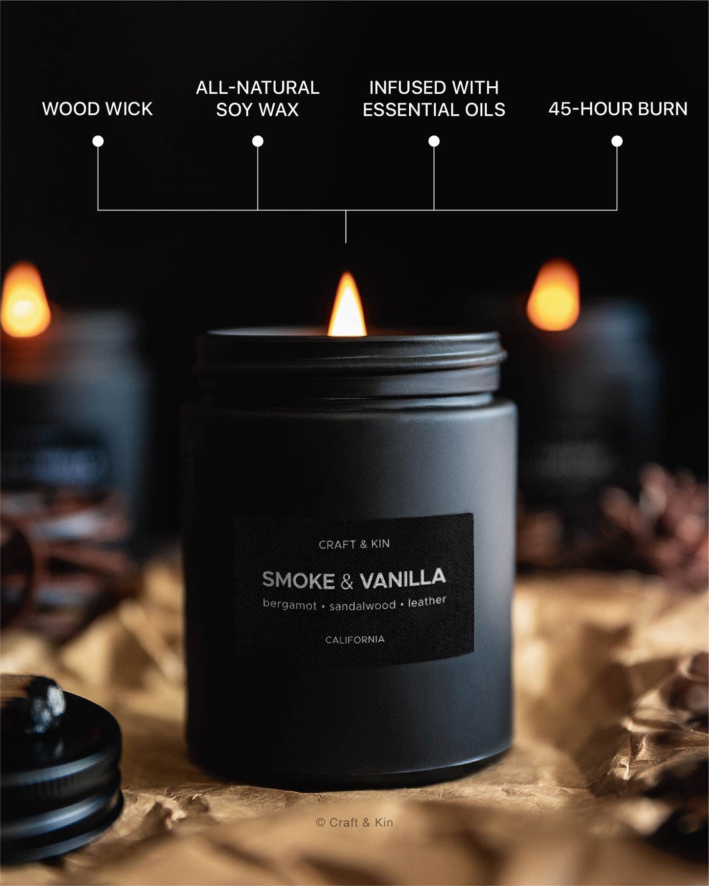 Scented Candles for Men | Smoke and Vanilla Candle for Men | Soy Candles, Long Lasting Candles, Home Decor | Masculine Candle, Wood Wicked Candles, Valentines Candles | Vanilla Candle in Black Jar Smoke & Vanilla