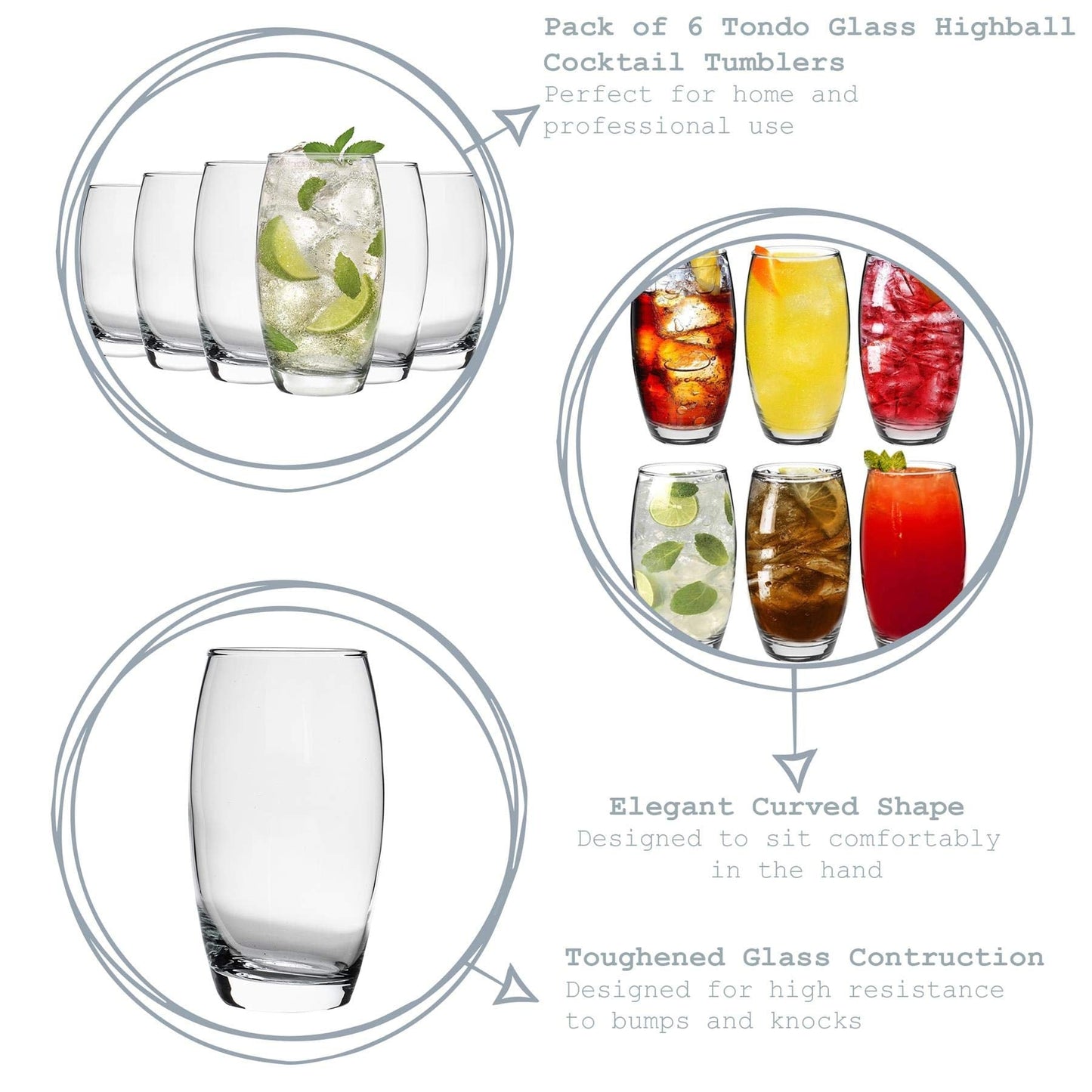 6X Clear 510ml Empire Highball Glasses - Tall Hi Ball Glass Water Gin Juice Cocktail Drinking Glassware Tumblers Set - by LAV