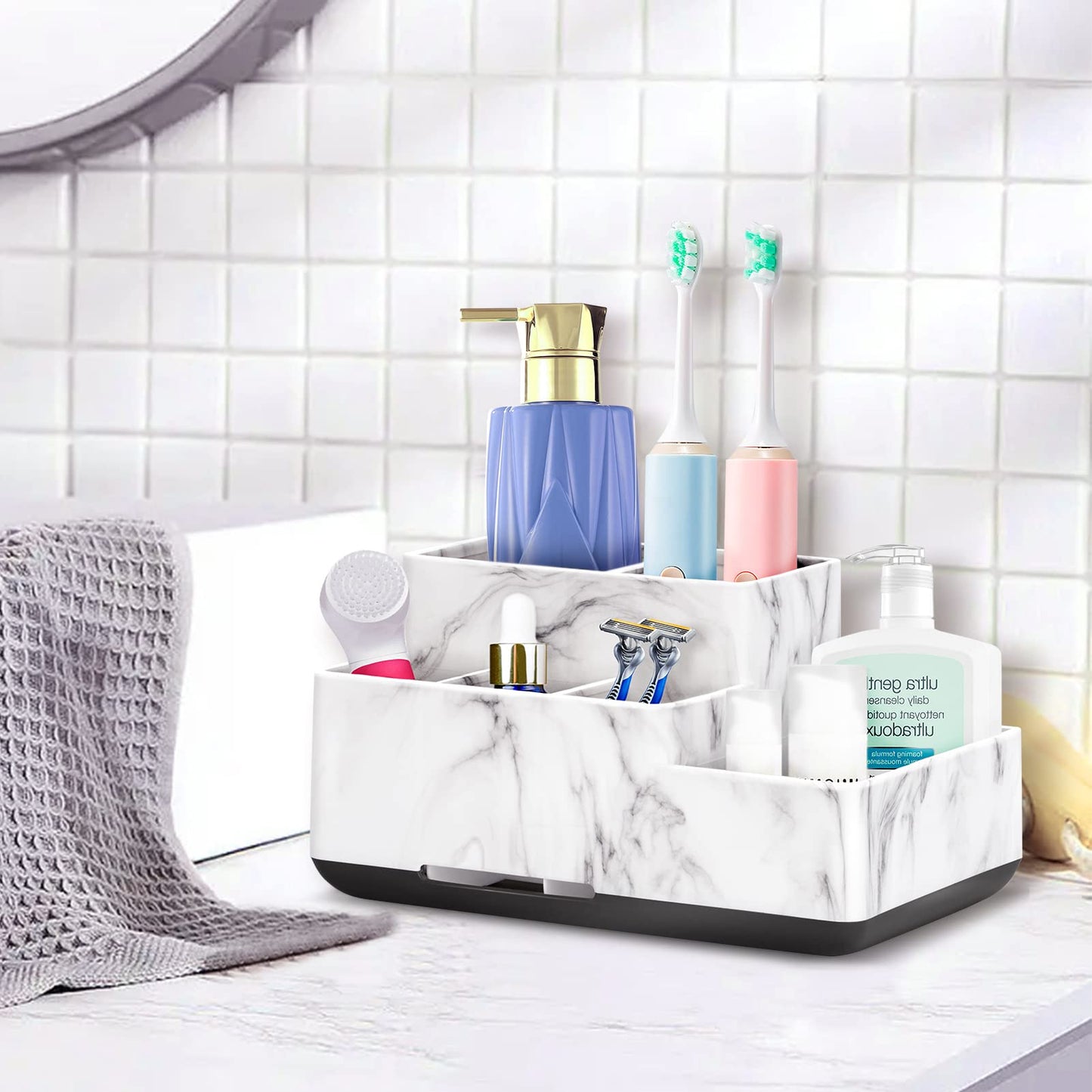 Toothbrush Holder,Bathroom Organizer Countertop, 5 Compartments Multifunctional Storage for Cosmetic, Makeup, Office Stationery Pencil,Toothpaste, Toothbrush for Home, Office White Marble