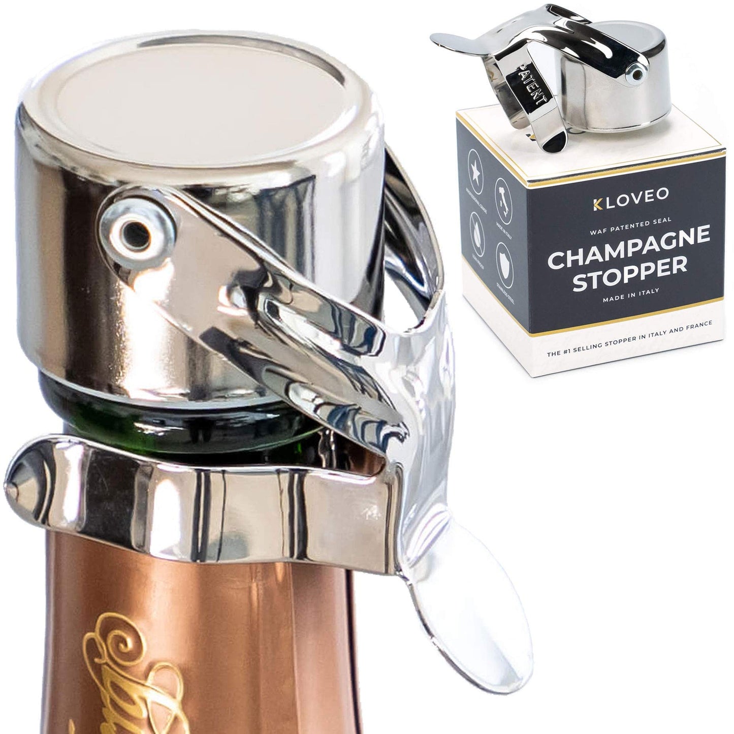 Champagne Stoppers by Kloveo - Patented Seal (No Pressure Pump Needed) Made in Italy - Professional Grade WAF Champagne Bottle Stopper - Prosecco, Cava, and Sparkling Wine Stopper Chrome 1