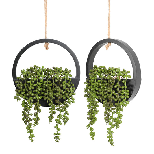 Floweroyal 2pcs Artificial Succulents Hanging Plants 12.2'' Fake String of Pearls in Pot with 8.3'' Lanyard for Indoor Outdoor Wall Decor (Black). Black