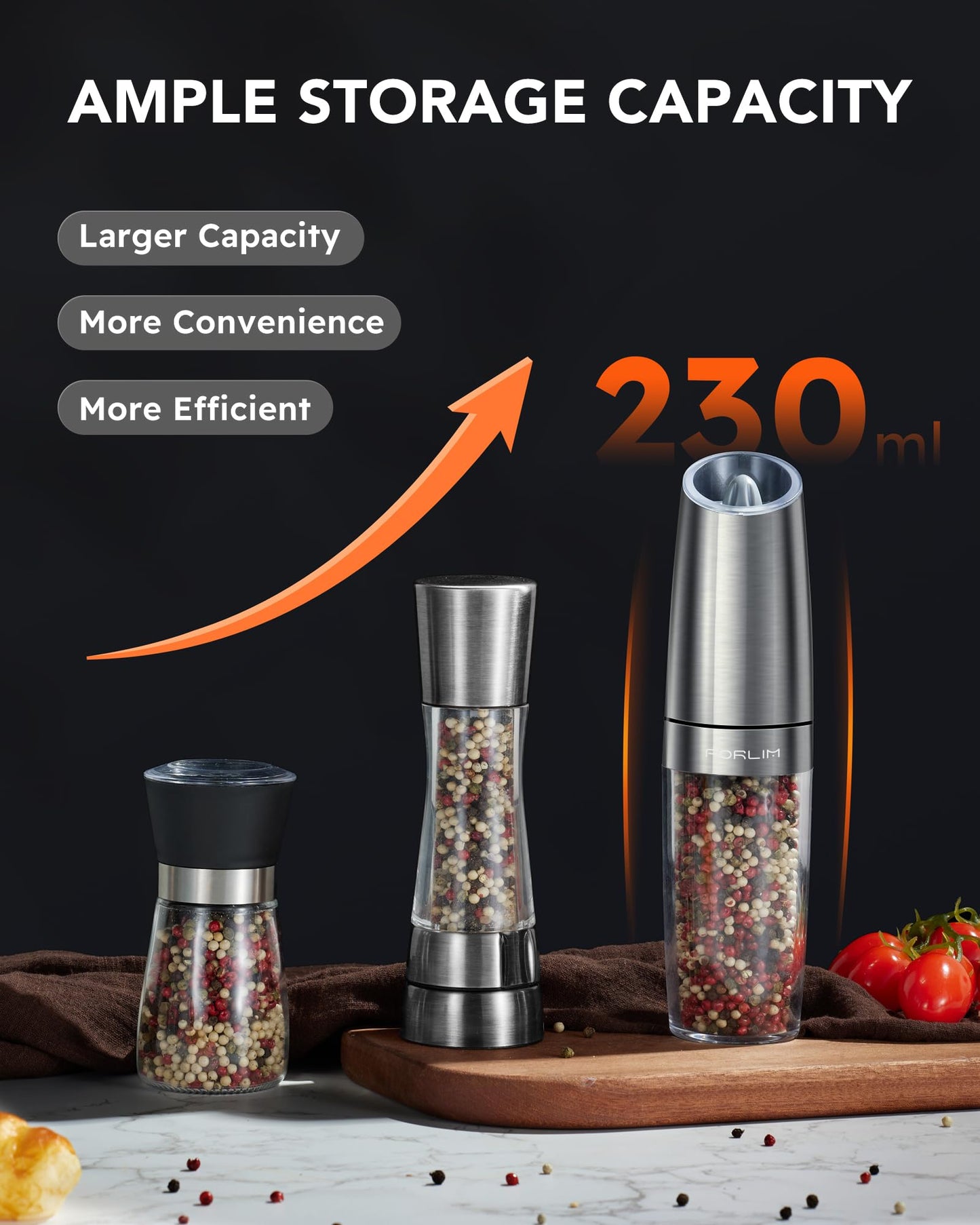 FORLIM Electric Salt and Pepper Grinder Set, 9 oz Capacity, 2024 Updated 4 AAA Battery-Operated One-Hand Automatic Gravity, Adjustable Coarseness, with LED Light, Pack of 2, Stainless Steel (Silver) Silver