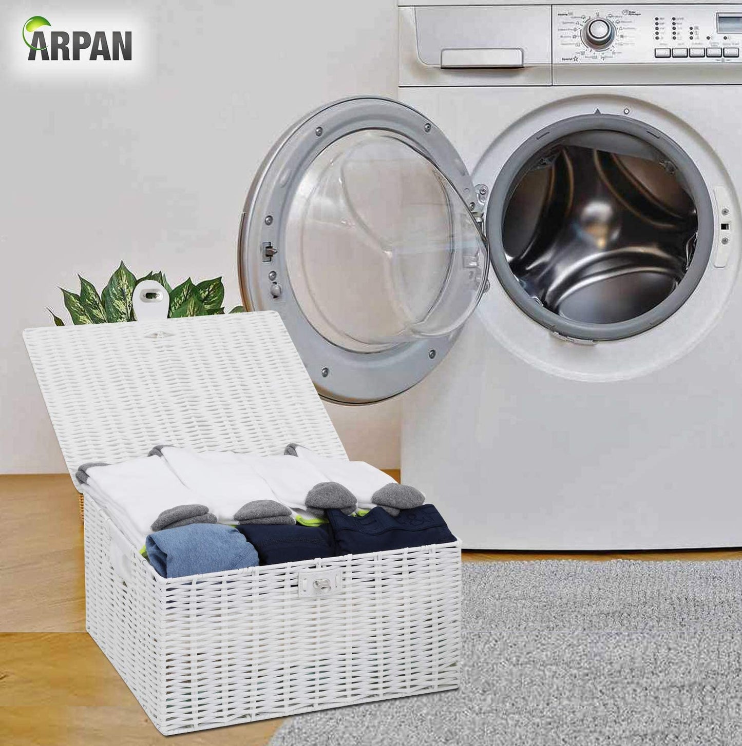 2 x Arpan Resin Woven Storage Hamper Basket Box with Lid & Lock (White - Medium) White - Medium