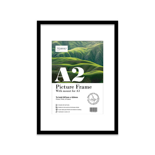 A2 Black Picture Frame With White Mount for A3 (29.7 x 42cm - 11.7 x 16.5in) Print, Photo, or Poster. Portrait and Horizontal Wall Hooks A2 Frame With A3 Mount