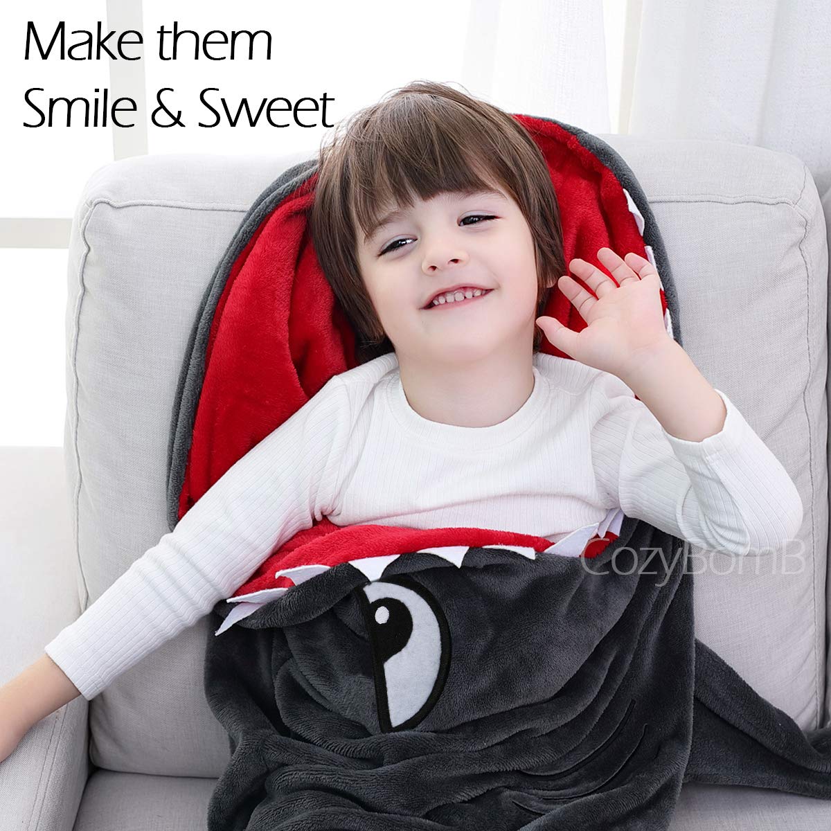 CozyBomB Cozy Shark Tails Blanket for Kids - Smooth One Piece Blankie Design - Durable Seamless Plush Throw - Grey Sleeping Bag with Fin - Christmas Birthday Gifts for Boys & Girls