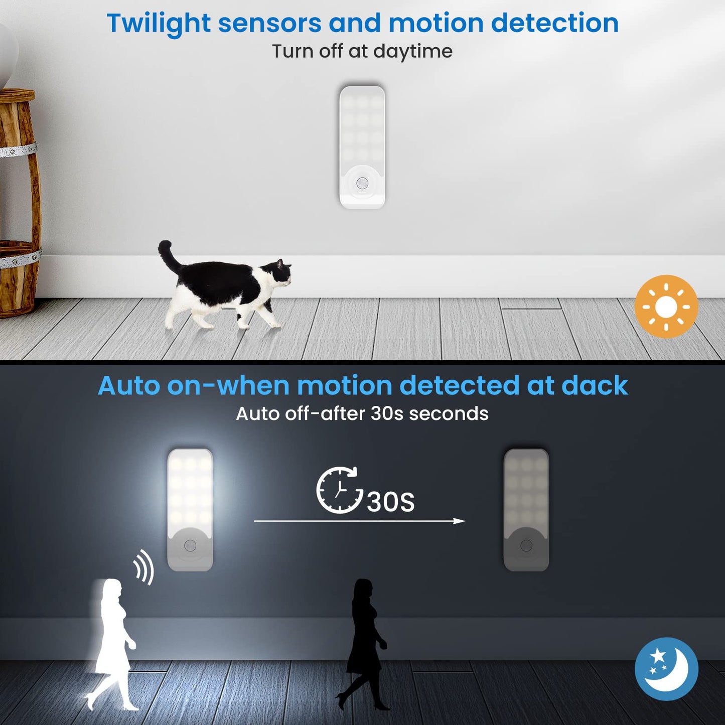 Motion Sensor Lights Indoor[2 Packs], USB Rechargeable Night Light Cupboard Lights with 3 Modes, Stick-on Night Lights with Magnetic Strips for Wardrobes Cabinet, Bedrooms, Stairs, Hallway, Kitchen 2Packs