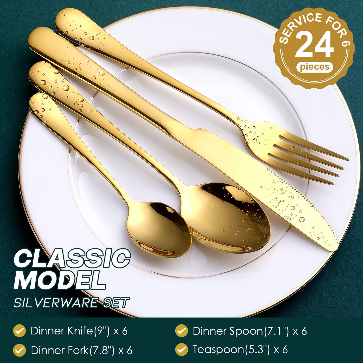 Gold Cutlery Set, OGORI 24-Piece Mirror Polished Gold Unique Wooden Box Design for Gift, Stainless Steel Flatware Set, Silverware Set with Spoon Knife and Fork Set, Service for 6 24-Piece for 6 Gold-wooden Box