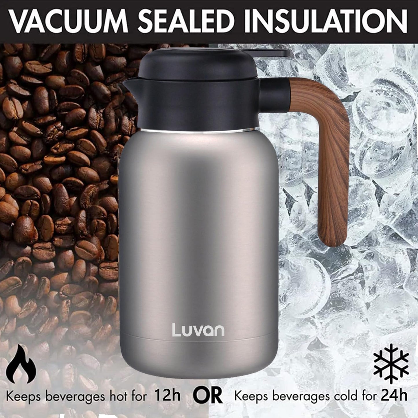 Luvan 2L Thermal Coffee Carafe Jugs,316 Stainless Steel Thermal Carafe with Press Solid Wood Grip/Vacuum Insulated with Press Button Top,12+ Hrs Heat &24+ Hrs Cold Retention,BPA Free,for Coffee,Tea 2l Thermal Coffee / Wood Handle