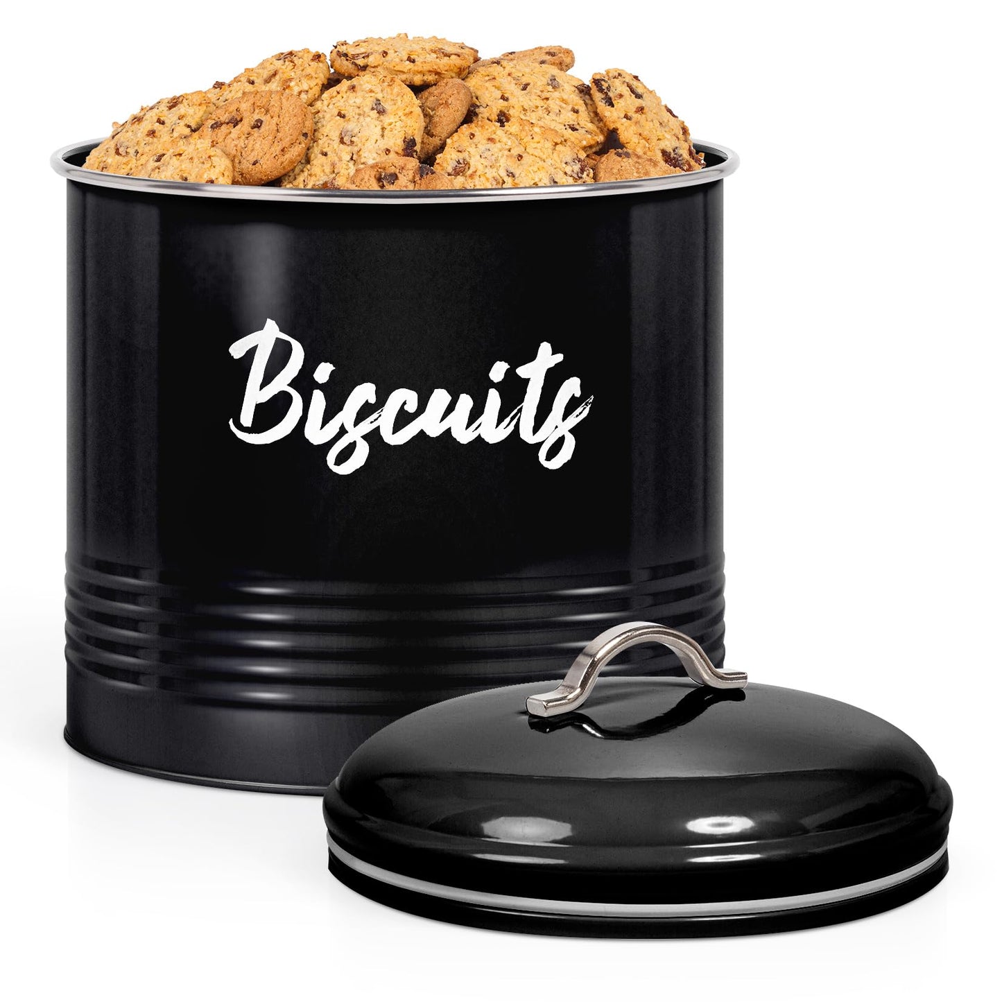 EHC Round Biscuit Cookie Tin Black, Kitchen Food Barrel Storage Box, Airtight Lids Easy to Open - Storage Tin for Biscuit, Cookies Jars, 3 Litres