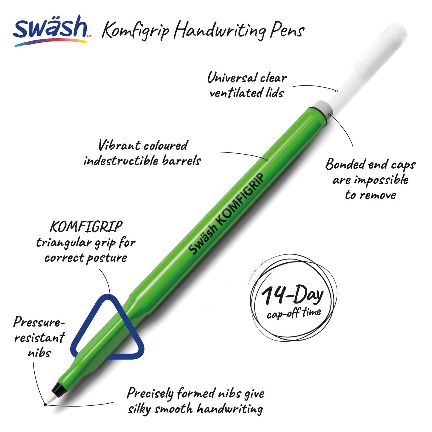 Swash THW12BK Komfigrip Handwriting Pens, Triangular Grip Handwriting Pen For Added Control, Premium Manuscript, Washable Ink Hand Writing Pens, Vibrant & Durable Fibre Tip - Black 12PK 12 Count (Pack of 1)