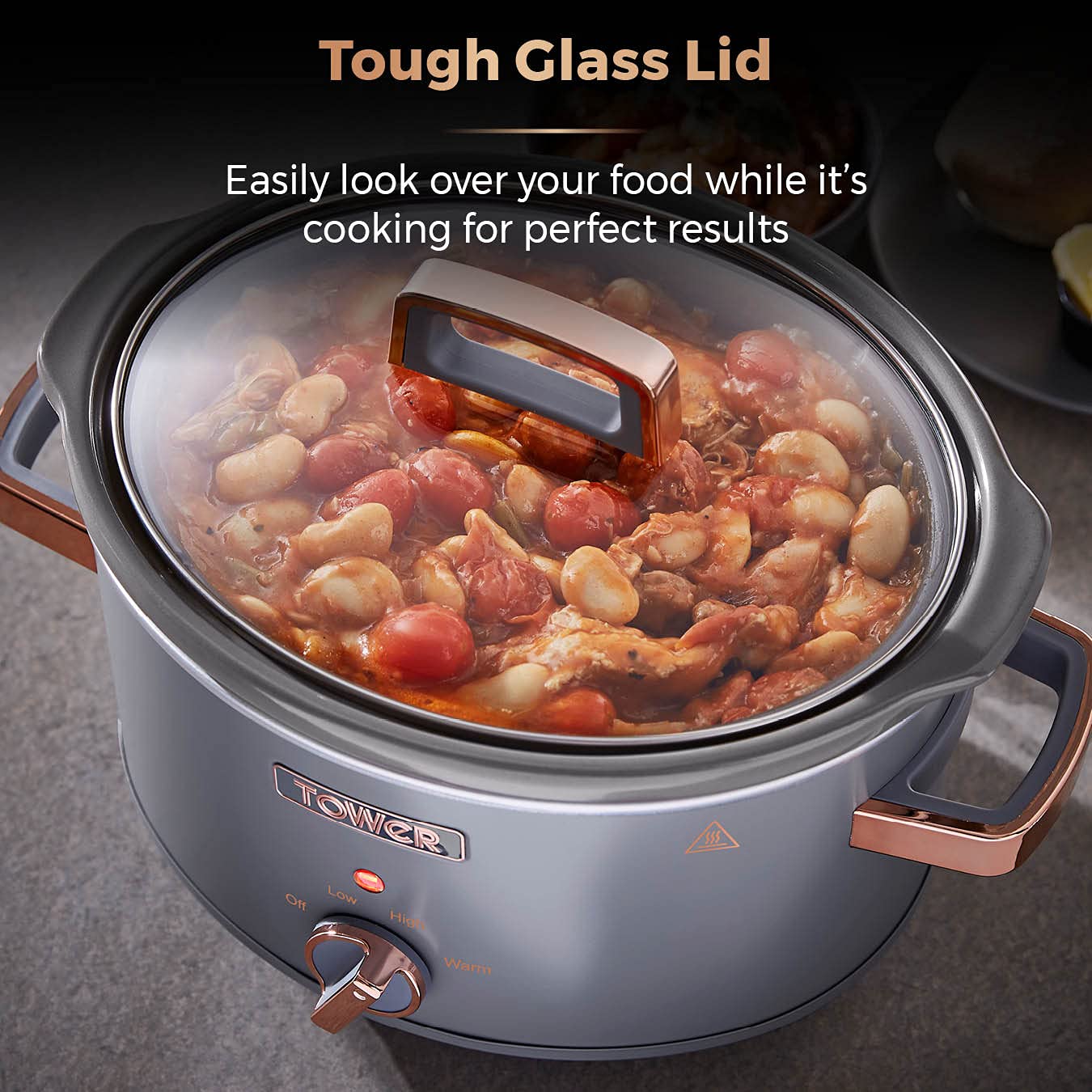 Tower T16042GRY Cavaletto 3,5 Litre Slow Cooker with 3 Heat Settings, Cool Touch Handles, 210W, Grey and Rose Gold 3.5L