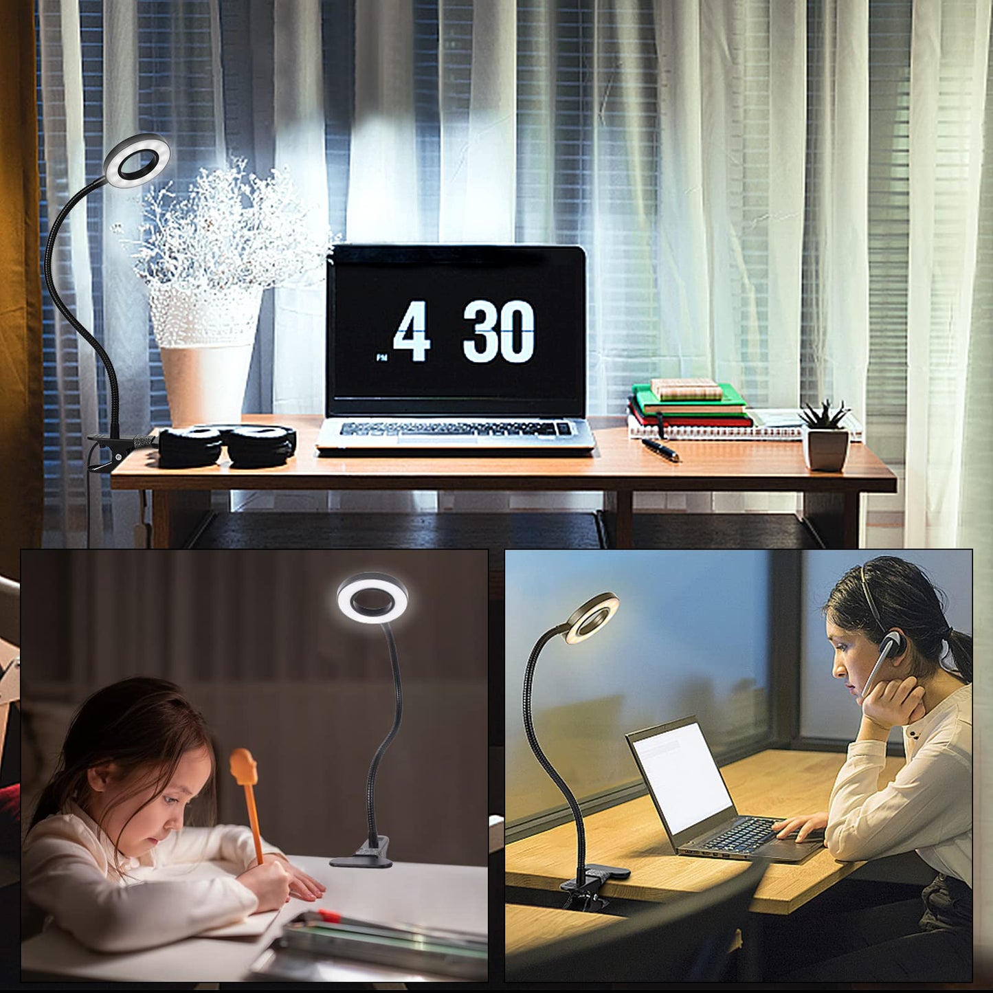 Woputne Desk Lamp Clip Light, 10 Dimmable Brightness 3 Light Modes Reading Light, Clamp Bedside Lamp for Painting, Craft, Study, Video Conference(Black)