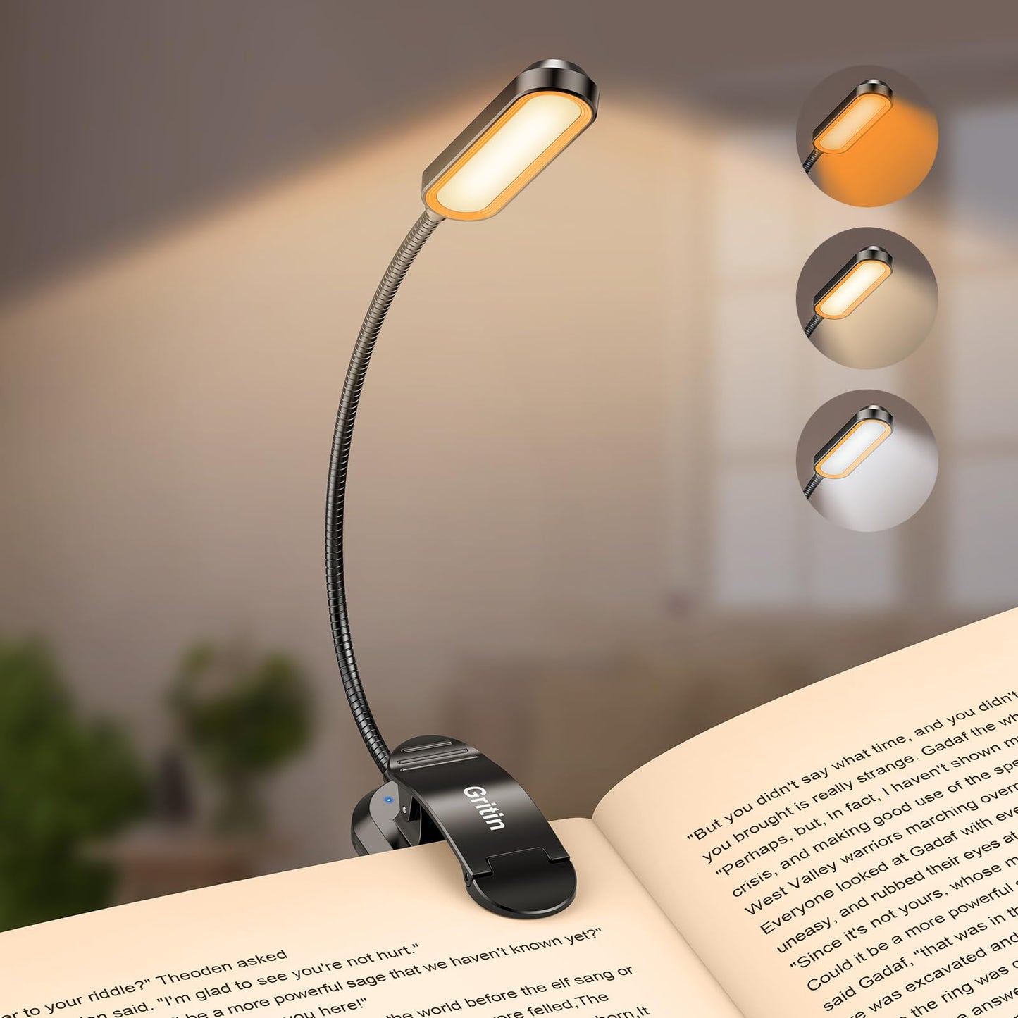 Gritin Book Light Rechargeable, 11 LED Reading Light Clip on Book, 3 Eye-Protecting Modes&Touch Control Stepless Dimming, Long Battery Life, 360° Adjustable Book Lamp for Reading at Night for Readers Black