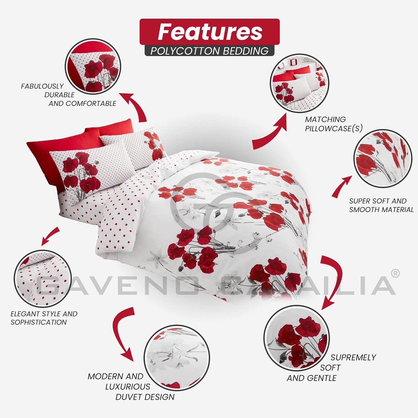 GC GAVENO CAVAILIA Polycotton Floral Duvet Cover King Size, Reversible Printed Bedding Set, Cosy Comforter Bed Covers With Soft Pillowcases, Red