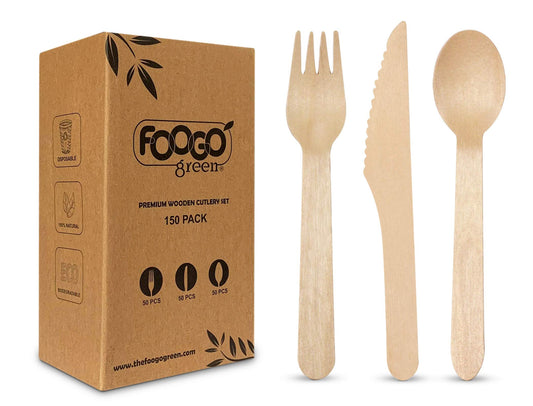 FOOGO Green 150pcs Disposable Wooden Cutlery Set, FSC® Certified, 50x Forks 50x Spoons 50x Knives, 16cm, Eco Friendly Biodegradable Compostable, Eco Friendly Cutlery Set, Party Picnic 150pcs | 16cm