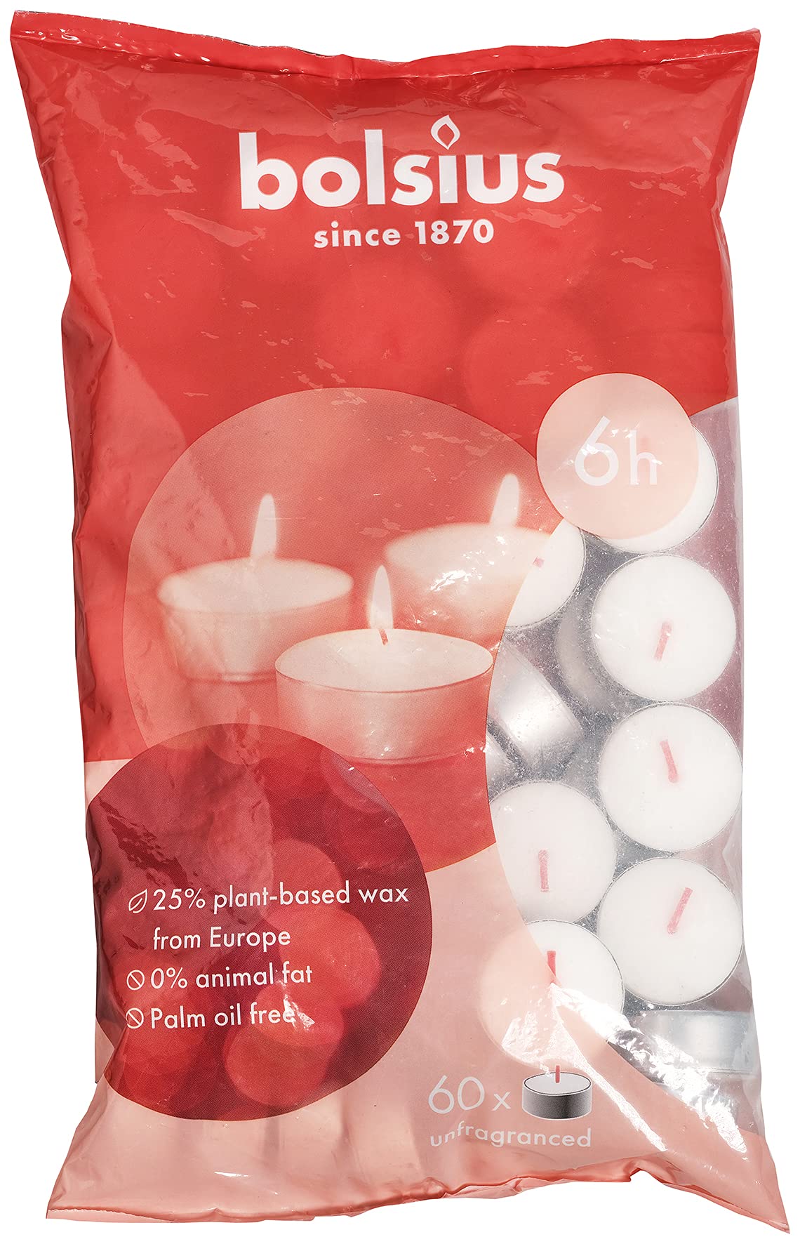 Bolsius Tealight Candles - White - Pack of 60 - Long Burning Time of 6 Hours - Household Candle - Interior Decoration - Unscented - No Drip - Smokeless - Includes Natural Vegan Wax - No Palm Oil