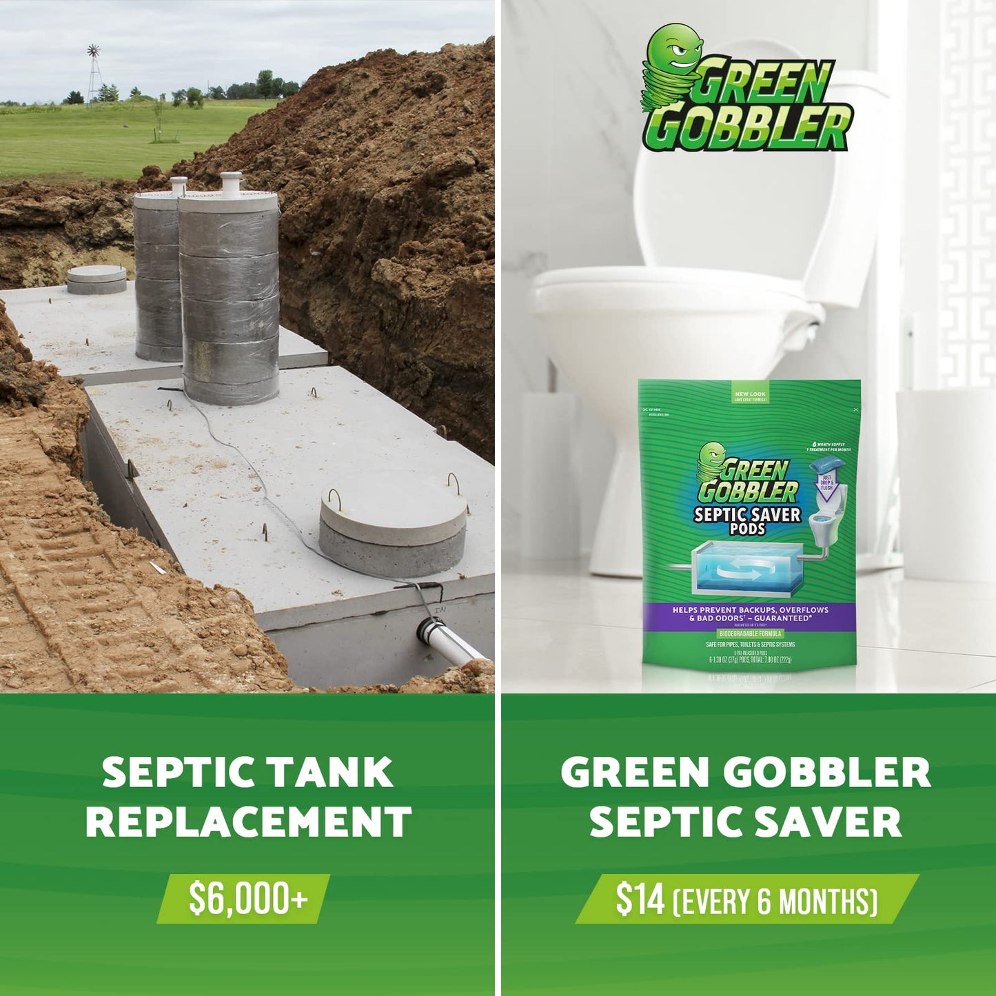 Green Gobbler Septic Saver Treatment System - Sewage & Septic Tank Cleaner - Bacteria Enzyme Packs for Monthly Septic Tank Treatments - 6 Pods (1.3oz)