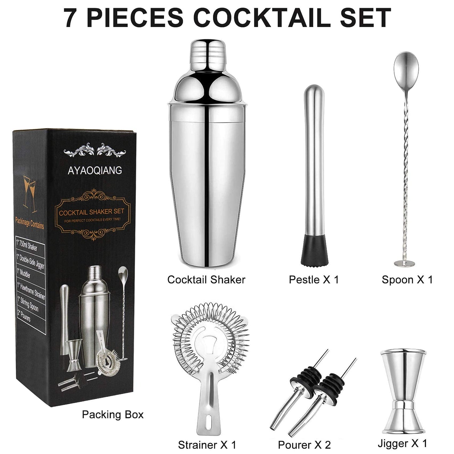 Cocktail Shakers Set,7 Pieces Cocktail Making Kit,Cocktail Shaker Set 750ml Stainless Steel Bar Tool Set Bartender Kit with Double Jigger,Muddler,Strainer,Pourers,Mixing Spoon 7