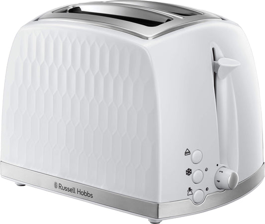 Russell Hobbs Honeycomb 2 Slice Toaster (Extra wide slots, High lift feature, 6 Browning levels, Frozen/Cancel/Reheat function, Removable crumb tray, 850W, White textured high gloss) 26060