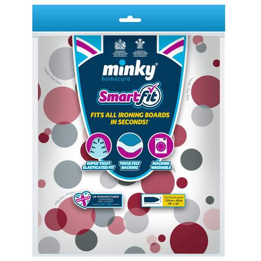 Minky Smart Fit Ironing Board Cover, Large Ironing Board Covers 125 x 45 cm, Elasticated Ironing Board Cover, Thick Felt Backing, Washing Machine Safe, Made in the UK Pink Bubbles