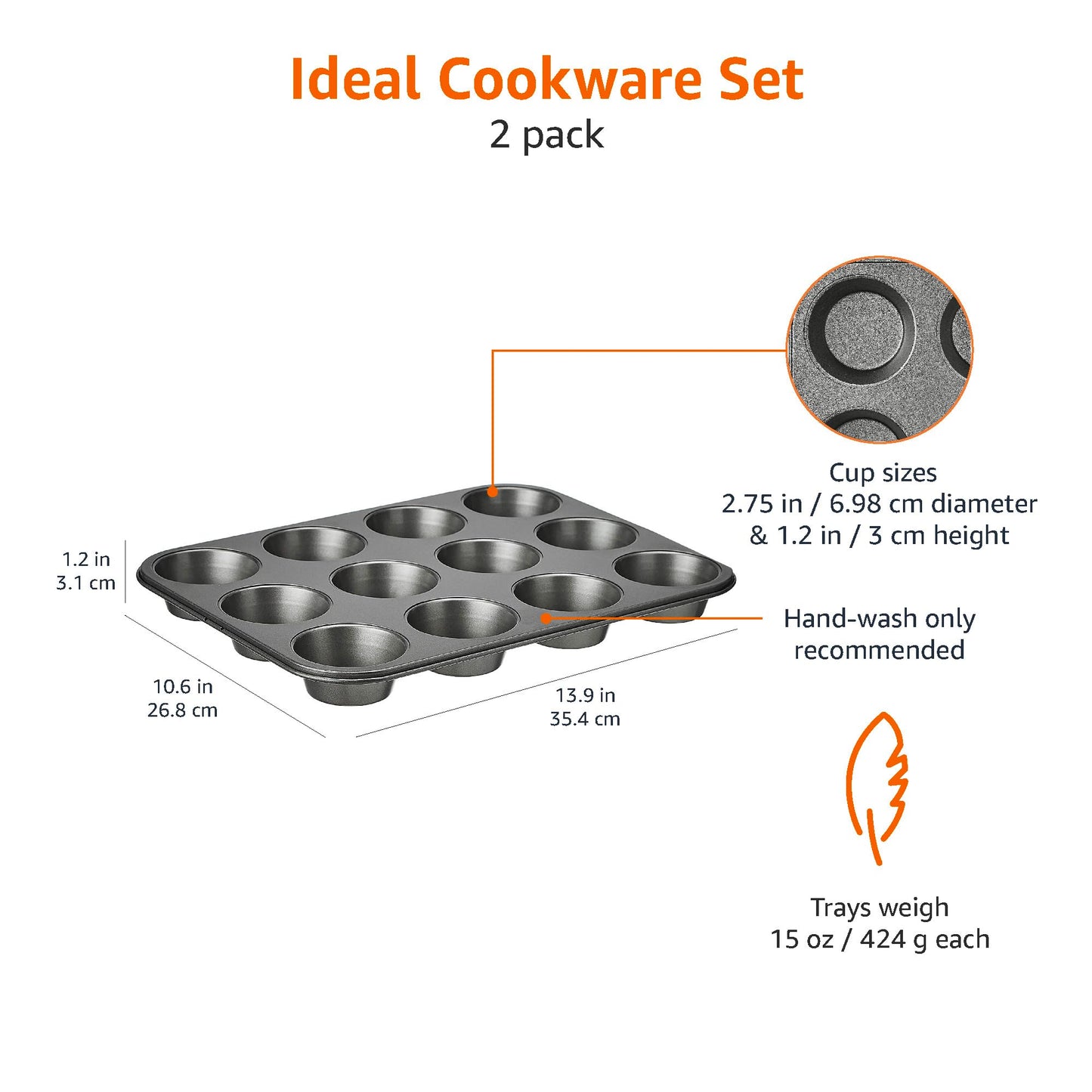 Amazon Basics Nonstick Round Carbon Steel Muffin Pan, 2-Pack, Grey Muffin Trays Only