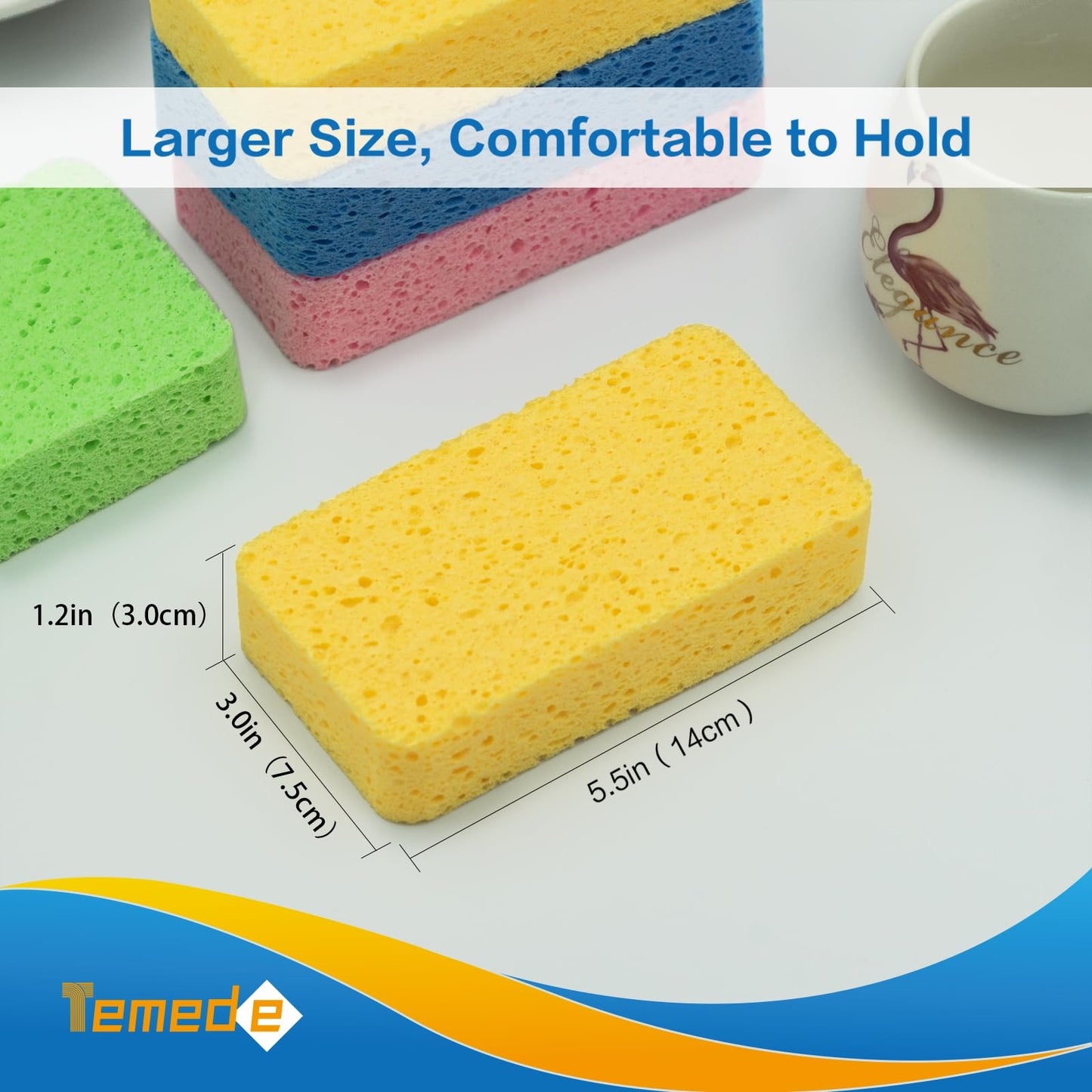 Temede Large Cellulose Sponges, Kitchen Sponges for Dish, 1.2" Thick Heavy Duty Scrub Sponges, Non-Scratch Dish Scrubber Sponge for Household, Cookware, Bathroom, Compressed Packaging 5pcs