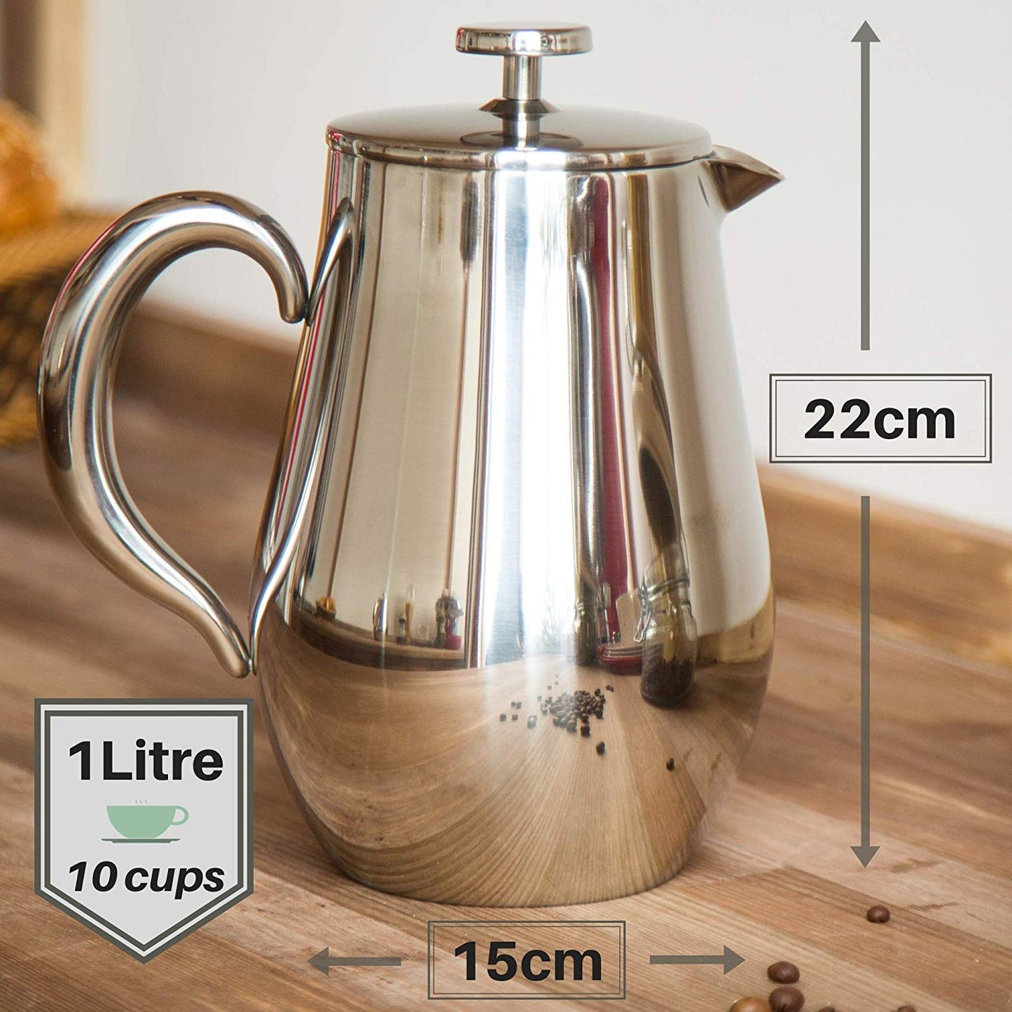 Cafetiere French Press Coffee Maker by VeoHome - Unbreakable and Keeps Coffee Hotter for a Long time Thanks to its Double Wall (1 Liter) 1 Liter