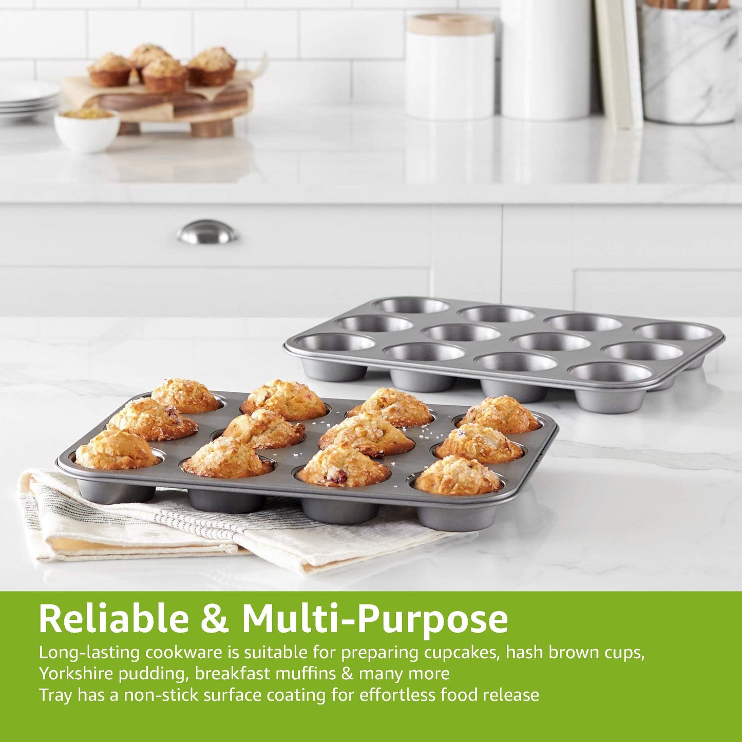 Amazon Basics Nonstick Round Carbon Steel Muffin Pan, 2-Pack, Grey Muffin Trays Only