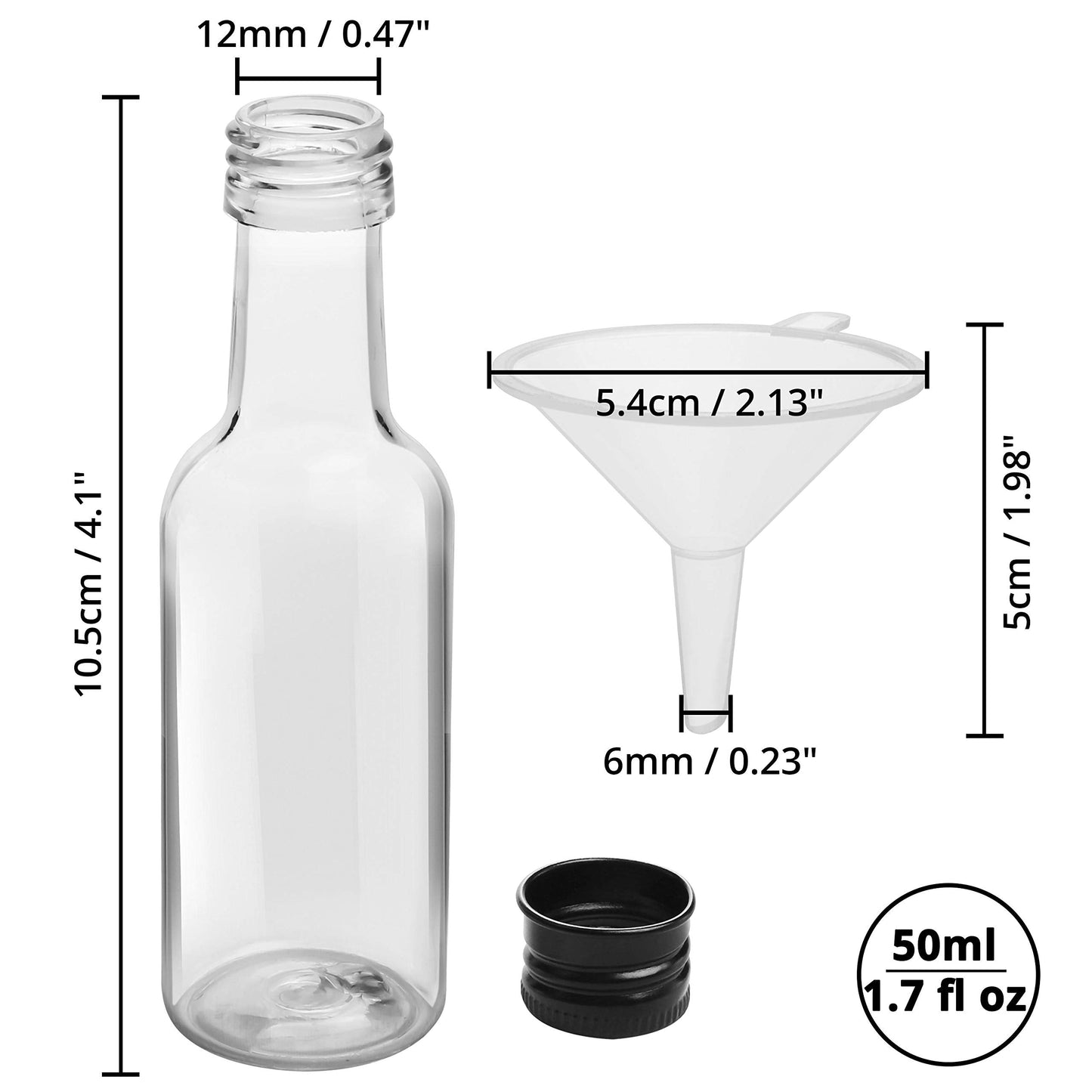 Belle Vous Mini Liquor Bottles (24 Pack) - Reusable Plastic 50ml Empty Spirit Bottles with Black Screw Caps and Liquid Funnel for Easy Pouring, Bottle Filling - Miniature Bottles for Weddings, Parties 24 Pack