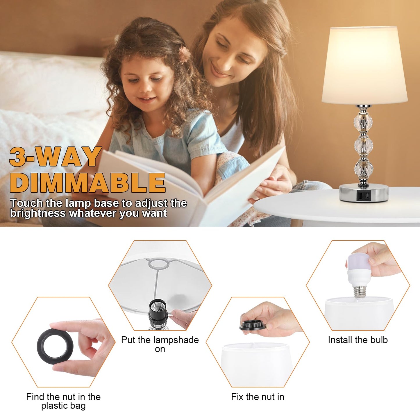 Aooshine Bedside Table Lamp, Crystal Touch Lamps Bedside with USB C+A Charging Ports, Small Bedside Lamp with 3 Way Dimmable, Bedroom Lamp with White Fabric Shade for Living Room (LED Bulb Included) A-crystal