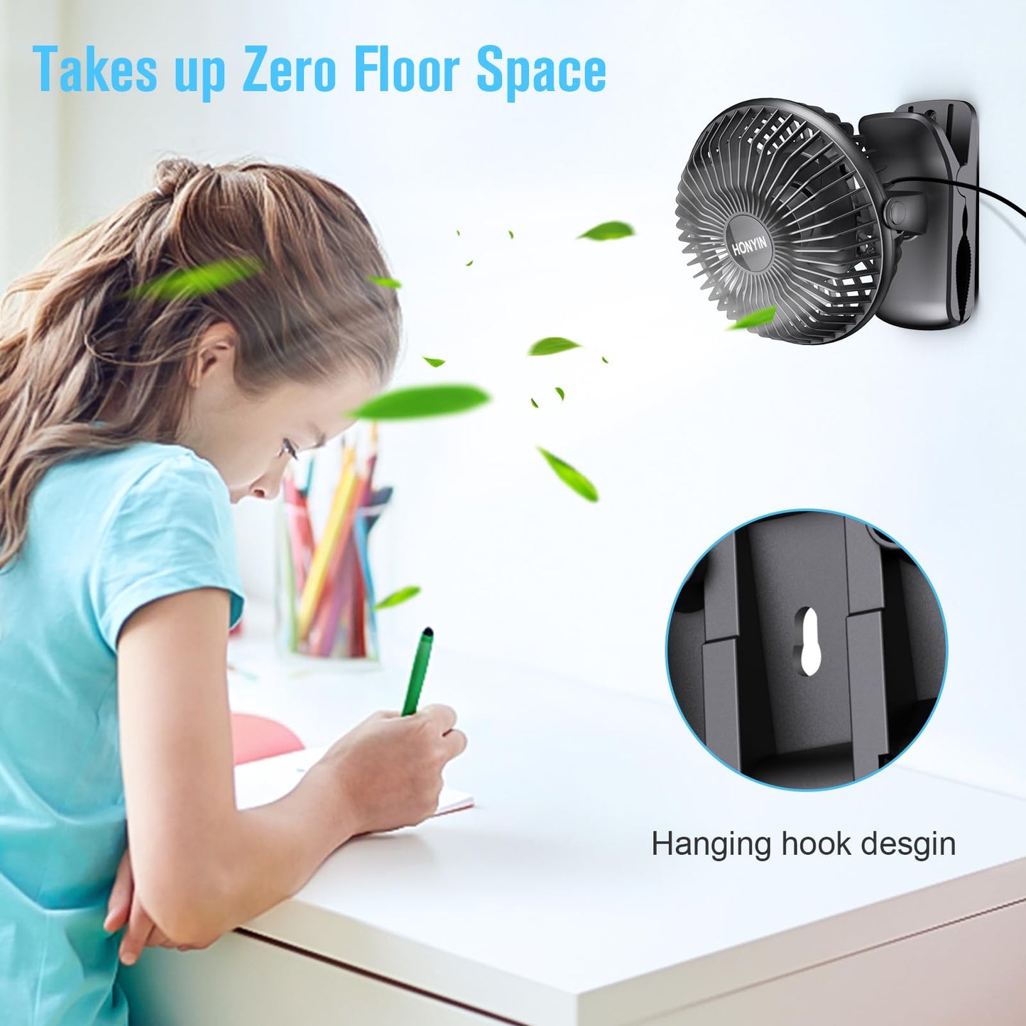 HONYIN Mini USB Clip Fan, Clip and Desk Personal Fan with Sturdy Clamp, 720° Rotation, Desktop Table Cooling Fan by USB Plug In, for Home, Office and Desk Black