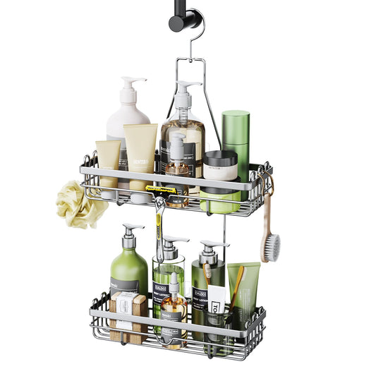 HapiRm Shower Caddy Hanging, 2-Tier Rust-Resistant Stainless Steel Shower Shelf,No Drill Shower Basket, Shower Organiser for Shower Accessories, 3 Screw Adhesives，Silver Silver-02