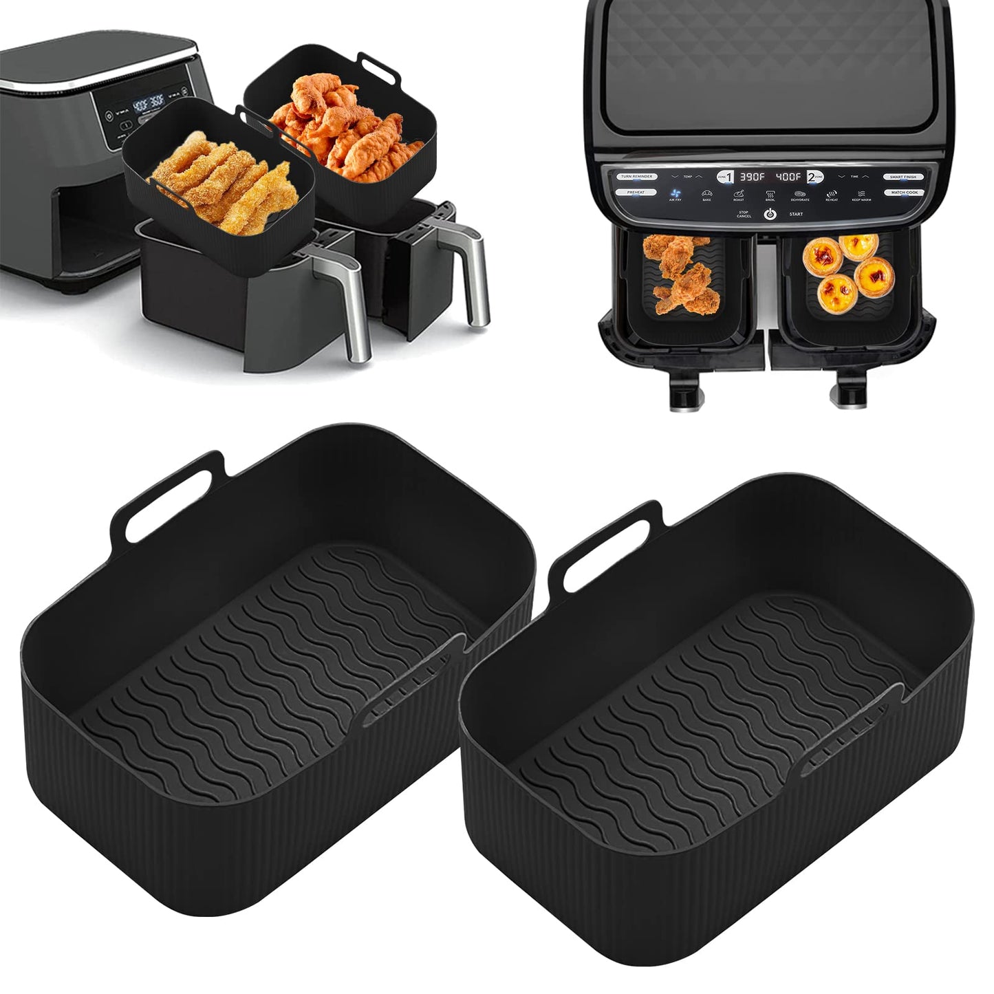 koitoy 2PCS Silicone Pot Air Fryer Liners for Ninjas Dual Air Fryer,Reusable Double Silicone Air Fryer Liner, Air Fryer Accessories Air Fryer Basket for Air Fryer, Oven, and Microwave (Black) Black