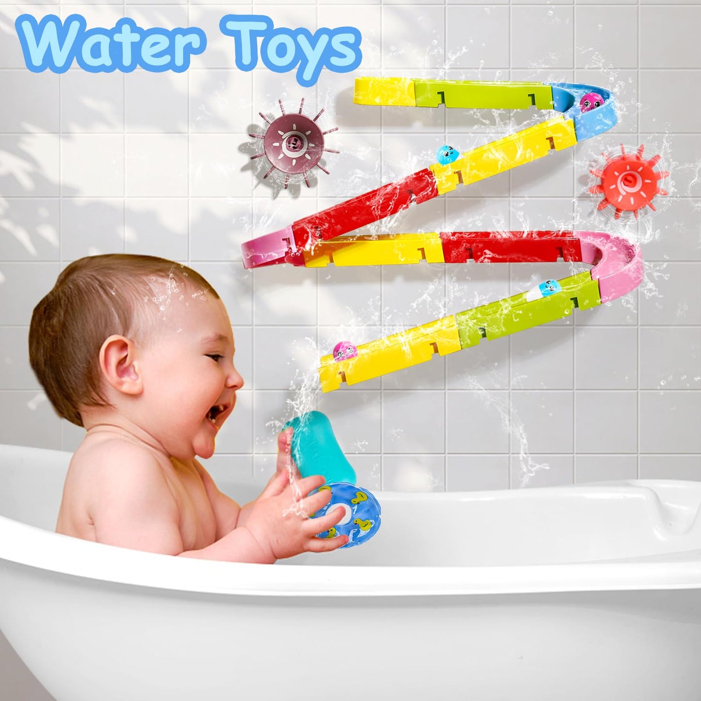 Nuheby Bath Toys Bath Track Game Shower Water Toys Watermill Slide Bath Toy Toddler Bath Time Multicoloured Diy Sucking Orbit with Suction Cups Kids Bathtub Toys for 3 4 5 Year Old Boys Girls