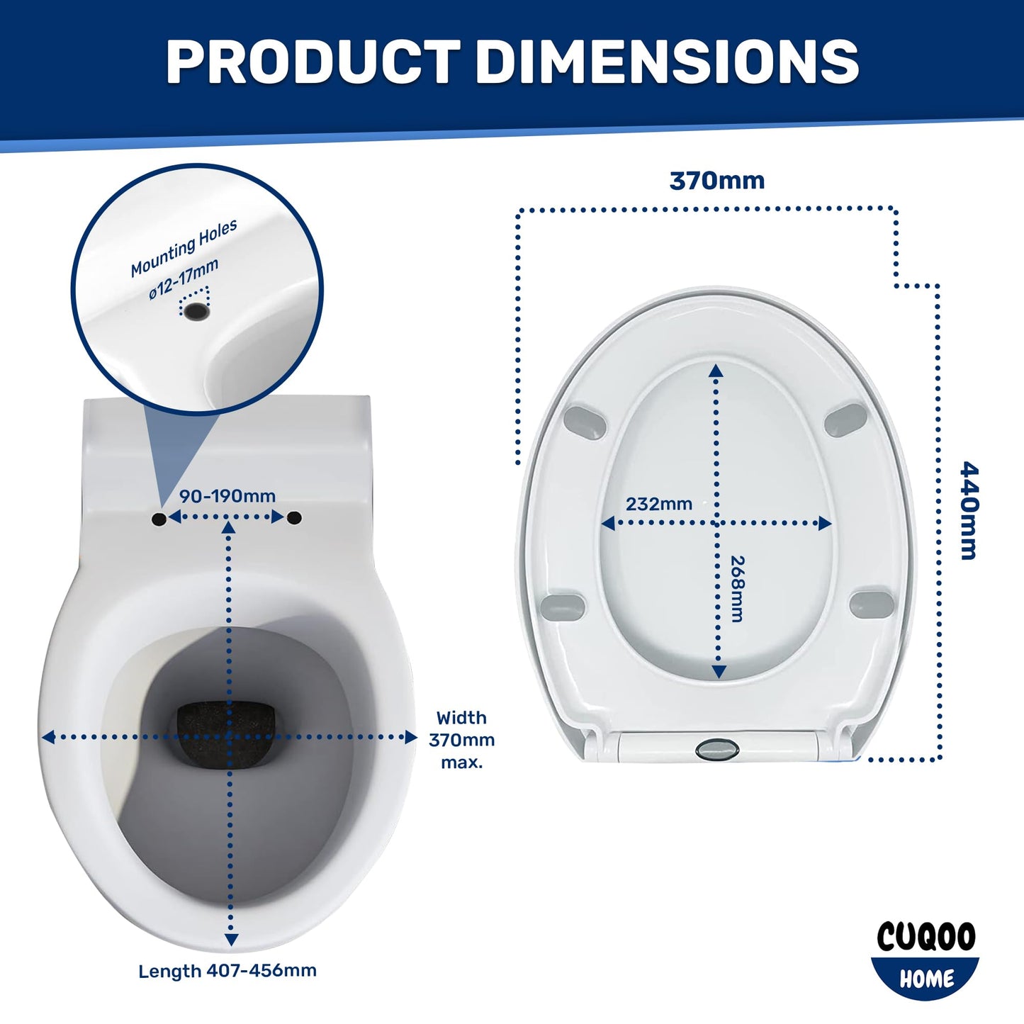 CUQOO Oval Toilet Seat Soft Close - Quick Release Toilet Seat - O Shape Soft Close Toilet Seat White - Slow Close Toilet Seat with Adjustable Hinges - Heavy Duty Toilet Seats