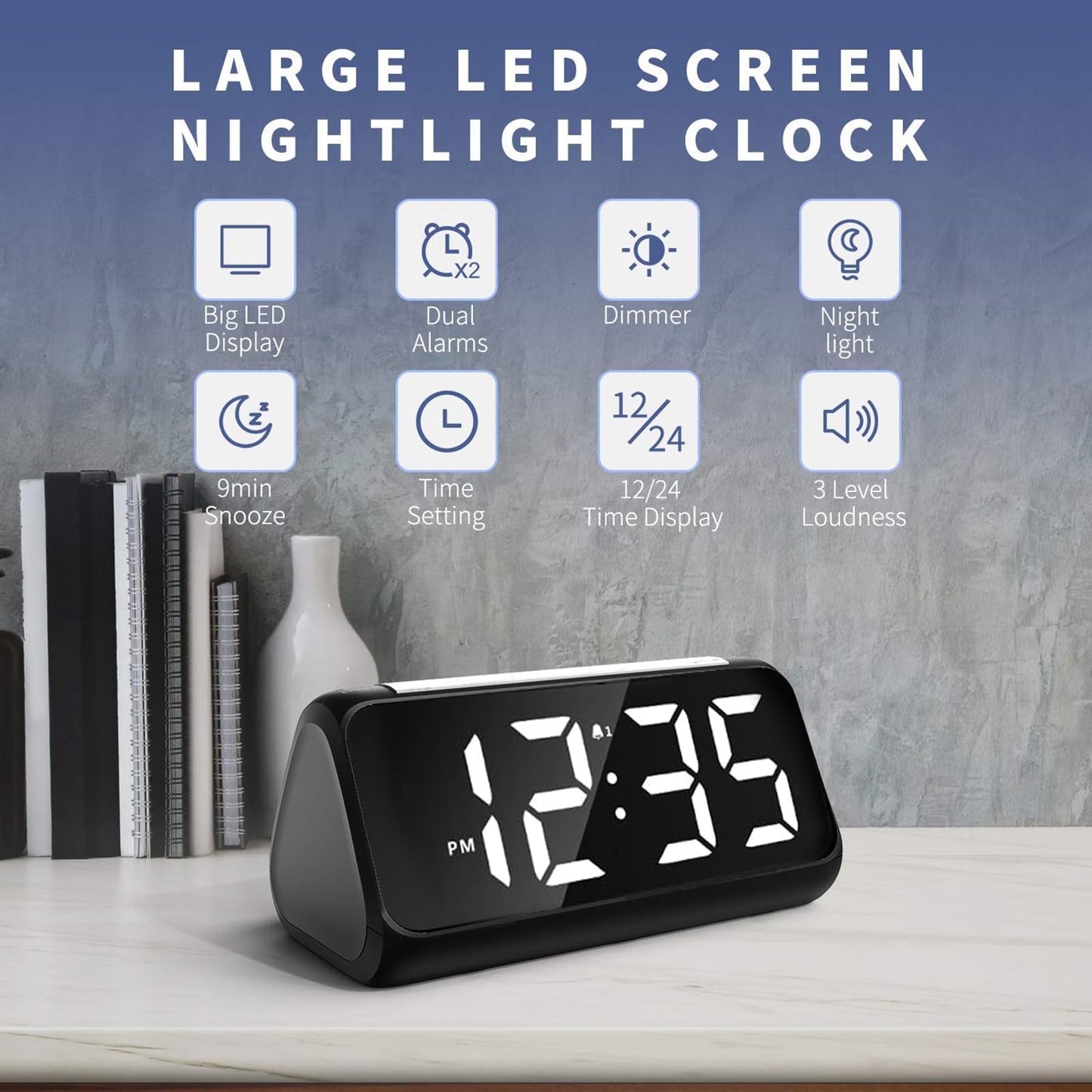 Alarm Clock Bedside with Night Light, Simple Large LED Display Big Number Digital Alarm Clocks for Living Room, with Dimmer USB Charger, Dual Alarm Clocks, Room Decor Black