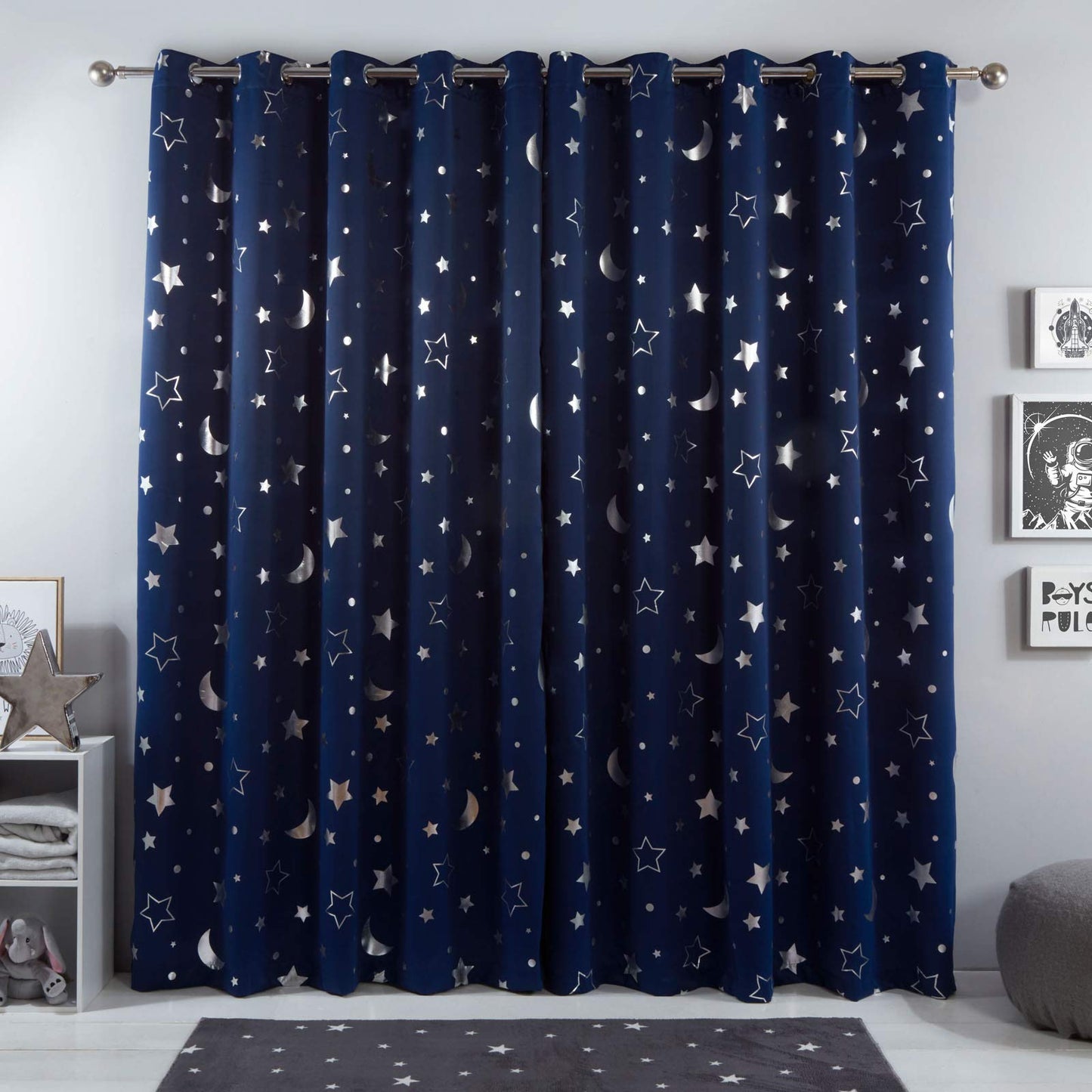 Dreamscene Galaxy Star Thermal Blackout Curtains PAIR of Eyelet Ring Top Panels Kids Boys Metallic Moon - Navy Blue, Width 66" x Drop 90" 66" wide x 90" drop Navy Blue Moon Stars