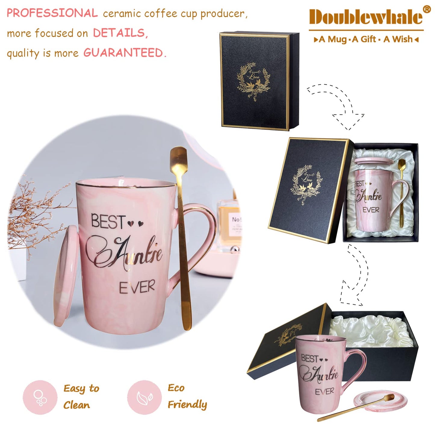 Doublewhale Auntie Gifts, Mothers Day Gifts, Auntie Birthday Gifts from Niece and Nephew, Best Auntie Gifts, Marble Coffee Mugs for Aunts, Mothers Day Birthday Gifts, 14OZ Ceramic Coffee Cups Sets Pink-auntie