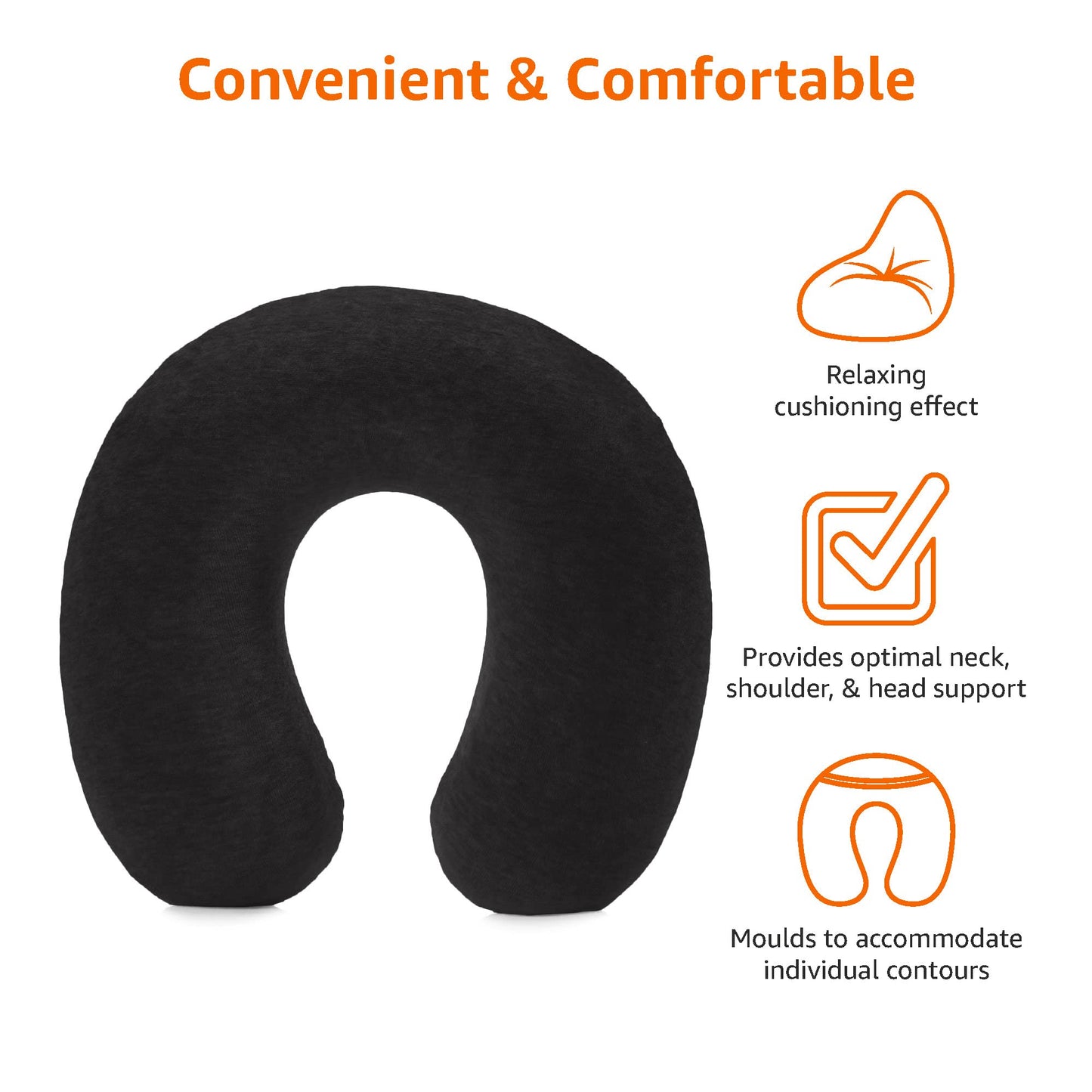 Amazon Basics Memory Foam Travel Neck Pillow with Removable Cover and Elastic Carrying Strap, Black, Semicircular