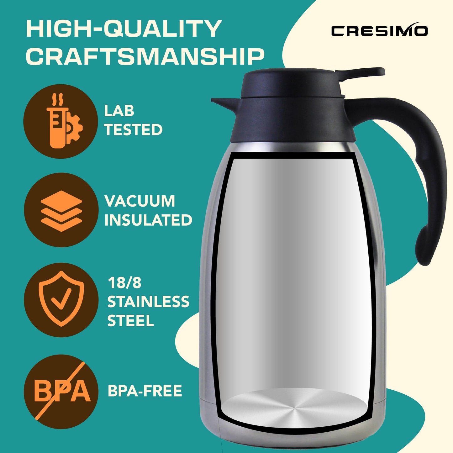 2L Thermal Flask Coffee Carafe - 24 Hour Heat Retention - Double Walled Vacuum Jug | Insulated Vacuum Flask Carafe | Coffee & Tea Dispenser | Stainless Steel Coffee Urns & Milk Carafe - Cresimo Silver