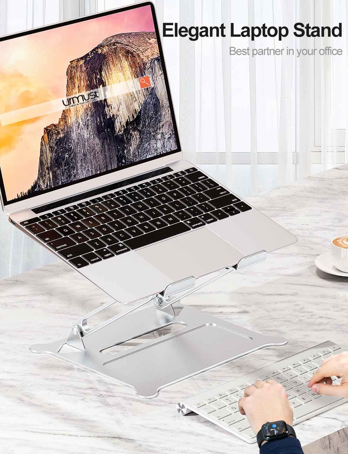 urmust Laptop Notebook Stand Holder, Ergonomic Adjustable Ultrabook Stand Riser Portable with Heat-Vent Compatible with MacBook Air Pro, Dell, HP, Lenovo Light Weight Aluminum Up to 15.6"(Silver) Silver