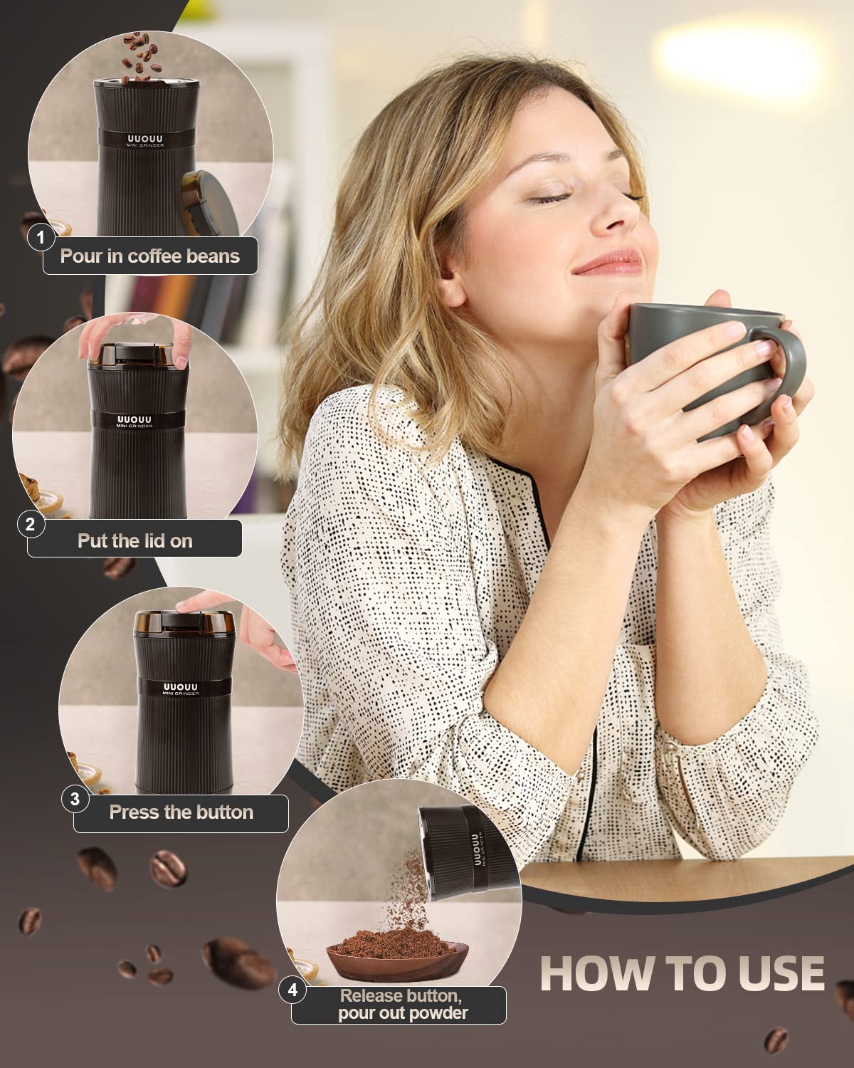 Coffee Grinder with Brush, UUOUU 200W Washable Bowl Spice Grinder with Stainless Steel Blade for Seed Bean Nut Herb Pepper & Grain, Lid Activated Safety Switch, Brown, CG-8320