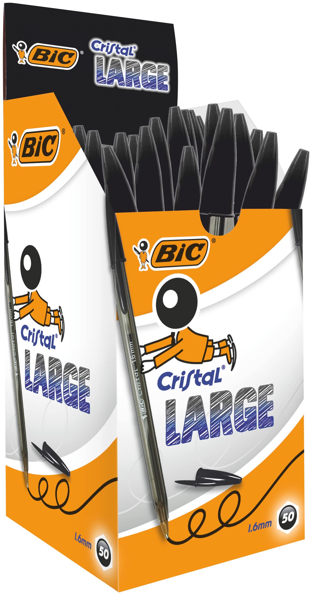 BIC Cristal Large Ballpoint Pens, Every-Day Biro Pens with Wide Point (1.6 mm), Ideal for School, Black Ink, Pack of 50 Single