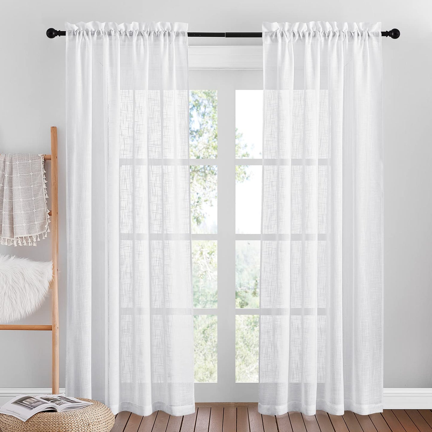 PONY DANCE Voile Curtain 84 inch Drop - White Net Curtains for Windows Thick sheer Curtains Privacy Protected Slot Top Linen Look Living Room/Bedroom/Nursery/Kitchen Panels, 2 Panels, 52 Inch Wide 2x W52" X L84"